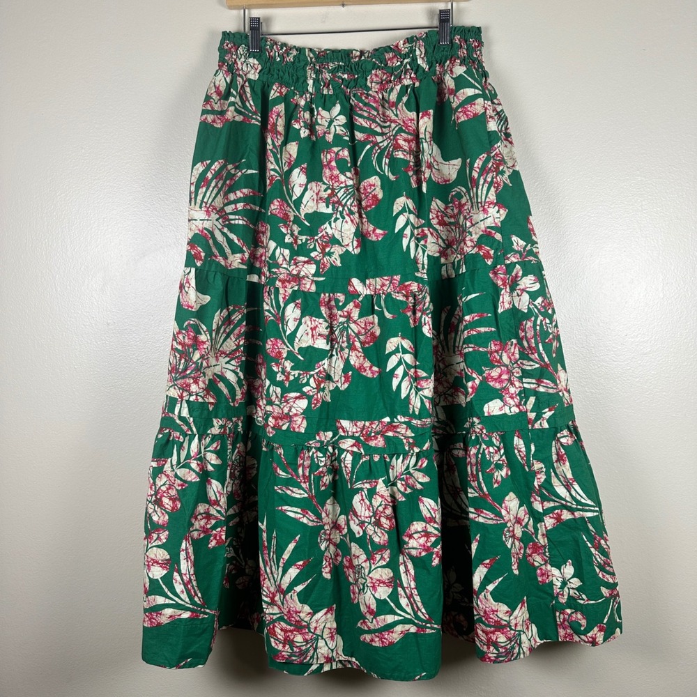 Anthropologie Women's L Maxi Skirt Green Tropical Floral Tiered Cotton Vacation - Picture 1 of 8